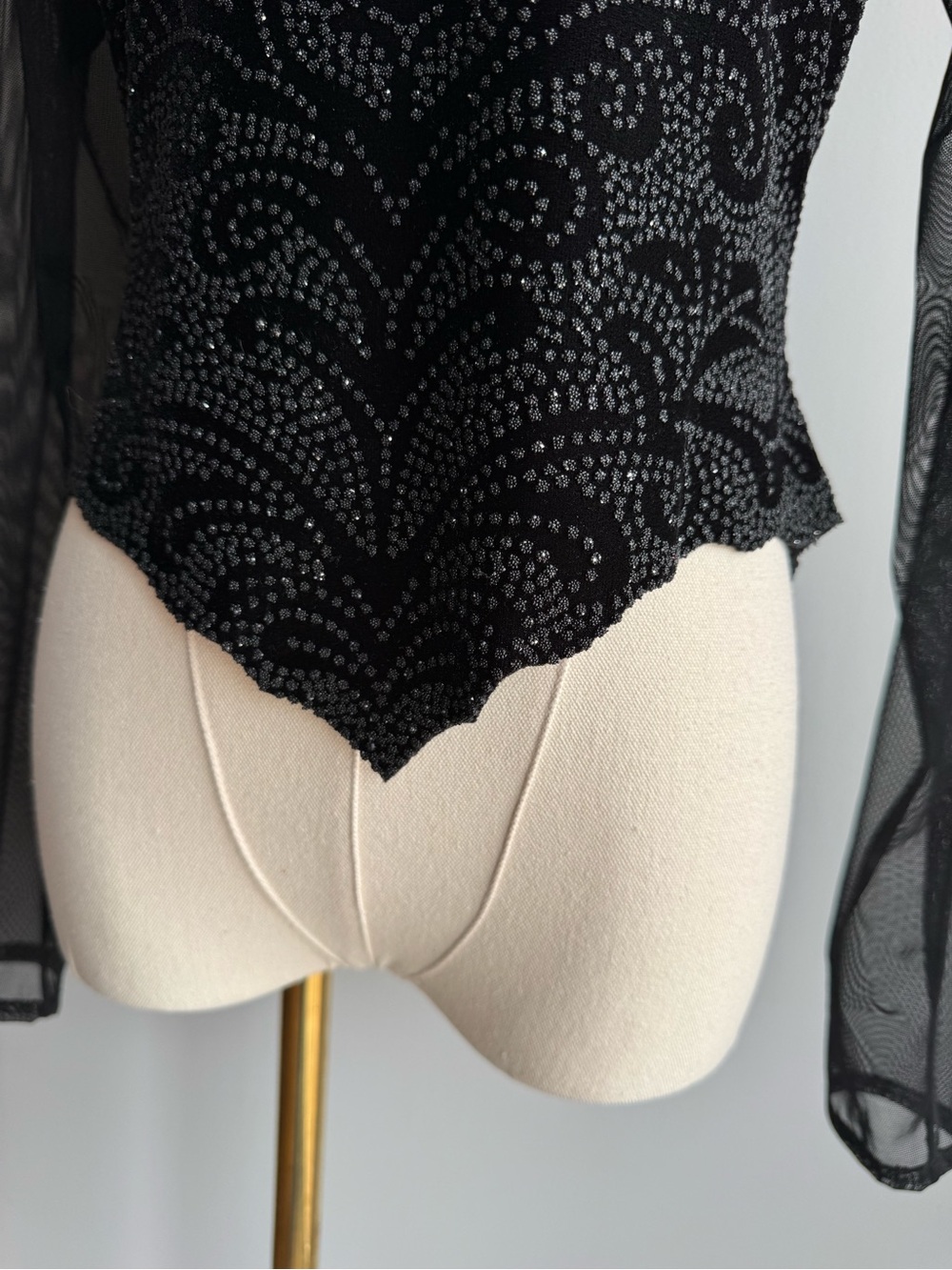 Vintage Y2K Glitter Party Top XS S Black Sheer Mesh Long Sleeve Gothic Glam Edgy - Picture 5 of 12